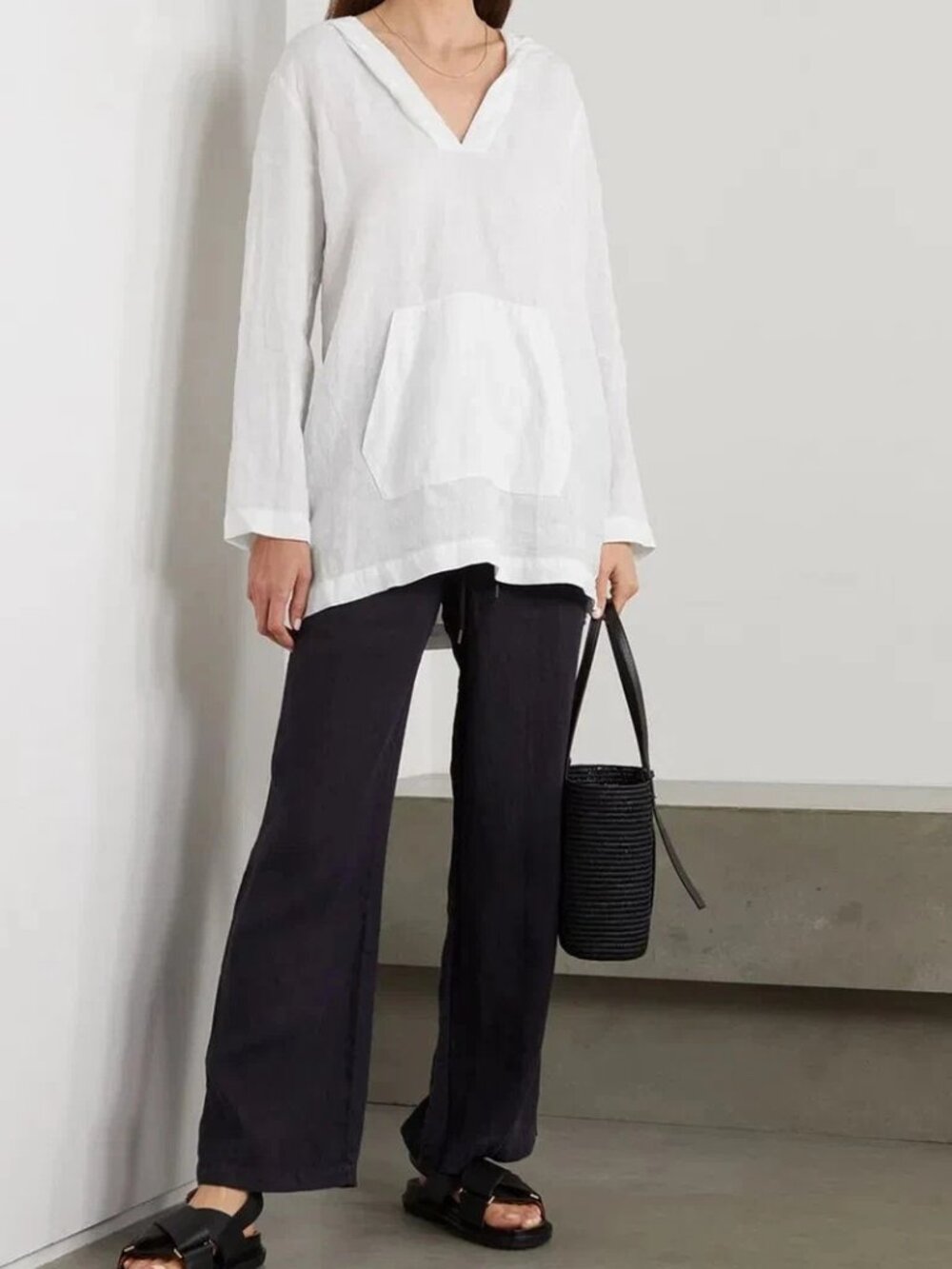 Standard James Perse Top Size 3 Hooded 100% Linen Tunic Kangaroo Pouch White